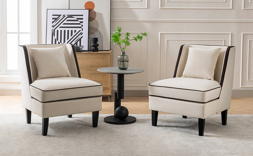 Velvet Upholstered Accent Chair with Black Piping, Cream and Black