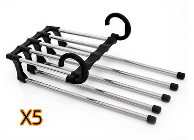 5 In 1 Wardrobe Hanger Multi-functional Clothes Hangers Pants Stainless Steel Magic Wardrobe Clothing Hangers For Clothes Rack (Option: Black-47x18cm 5PCS)