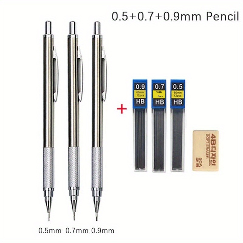 0.3/0.5/0.7/0.9/1.3/2.0mm Mechanical Pencil Set Full Metal Art Drawing Painting Automatic Pencil With Leads,Office School Supply (Items: 0.5 0.7 0.9MM pencil free lead)