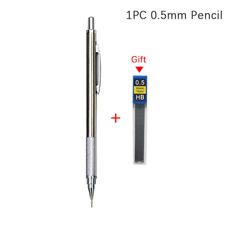 0.3/0.5/0.7/0.9/1.3/2.0mm Mechanical Pencil Set Full Metal Art Drawing Painting Automatic Pencil With Leads,Office School Supply (Items: 0.5MM pencil free lead)