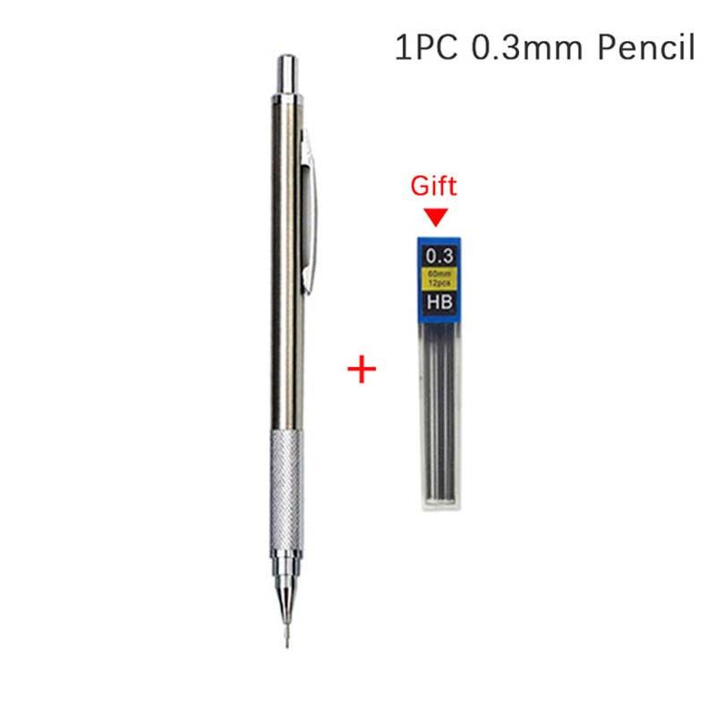 0.3/0.5/0.7/0.9/1.3/2.0mm Mechanical Pencil Set Full Metal Art Drawing Painting Automatic Pencil With Leads,Office School Supply (Items: 0.3MM pencil free lead)