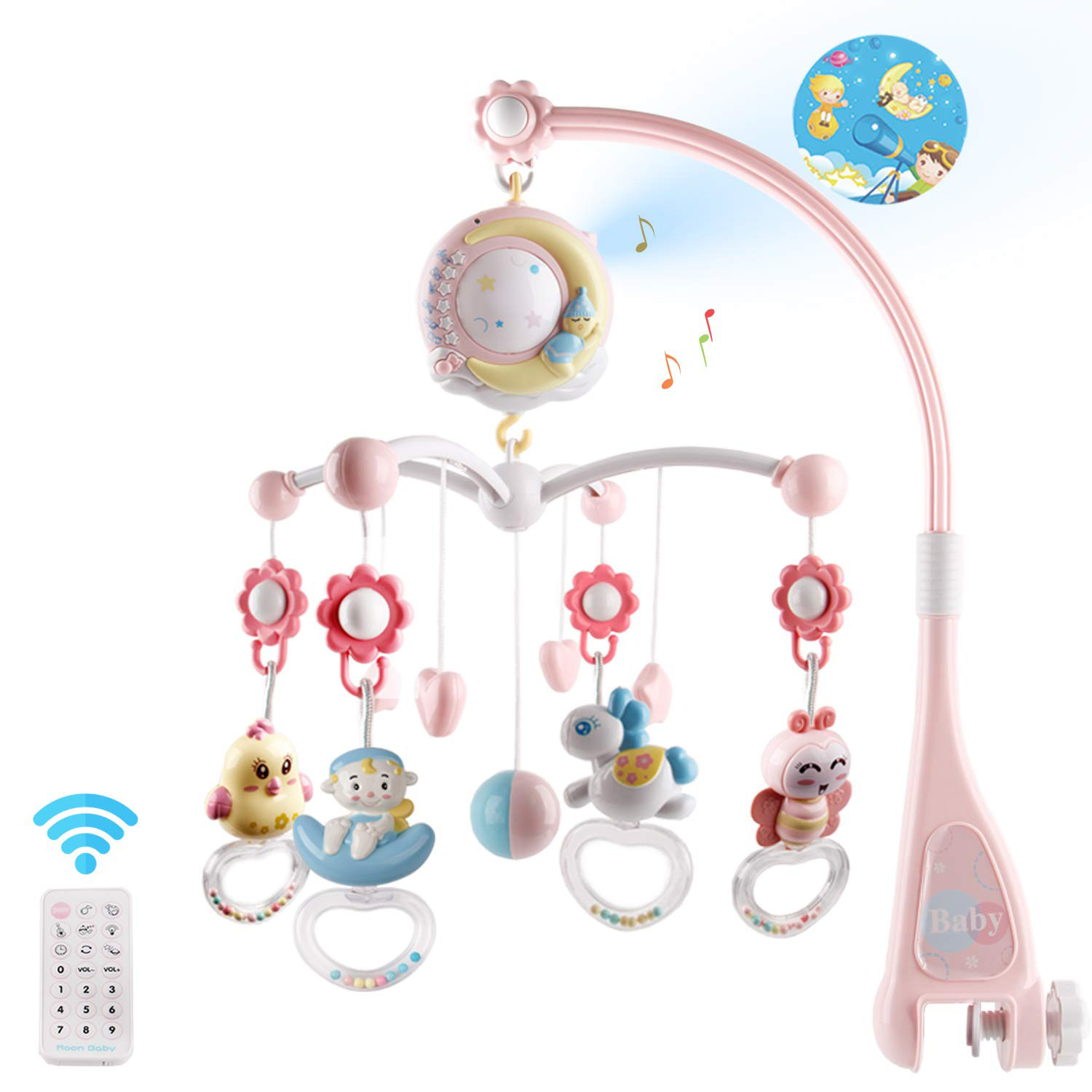 Baby Musical Crib Bed Bell Rotating Mobile Star Projection Nursery Light Baby Rattle Toy (Color: PINK)