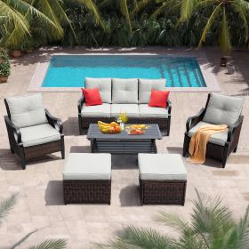 6 Pcs Outdoor Sectional Sofa With Reclining Backrest, Ottomans, Black Cushions (Color: Brown+Light Gray)