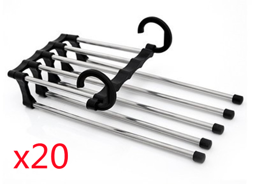 5 In 1 Wardrobe Hanger Multi-functional Clothes Hangers Pants Stainless Steel Magic Wardrobe Clothing Hangers For Clothes Rack (Option: Black-47x18cm 20PCS)